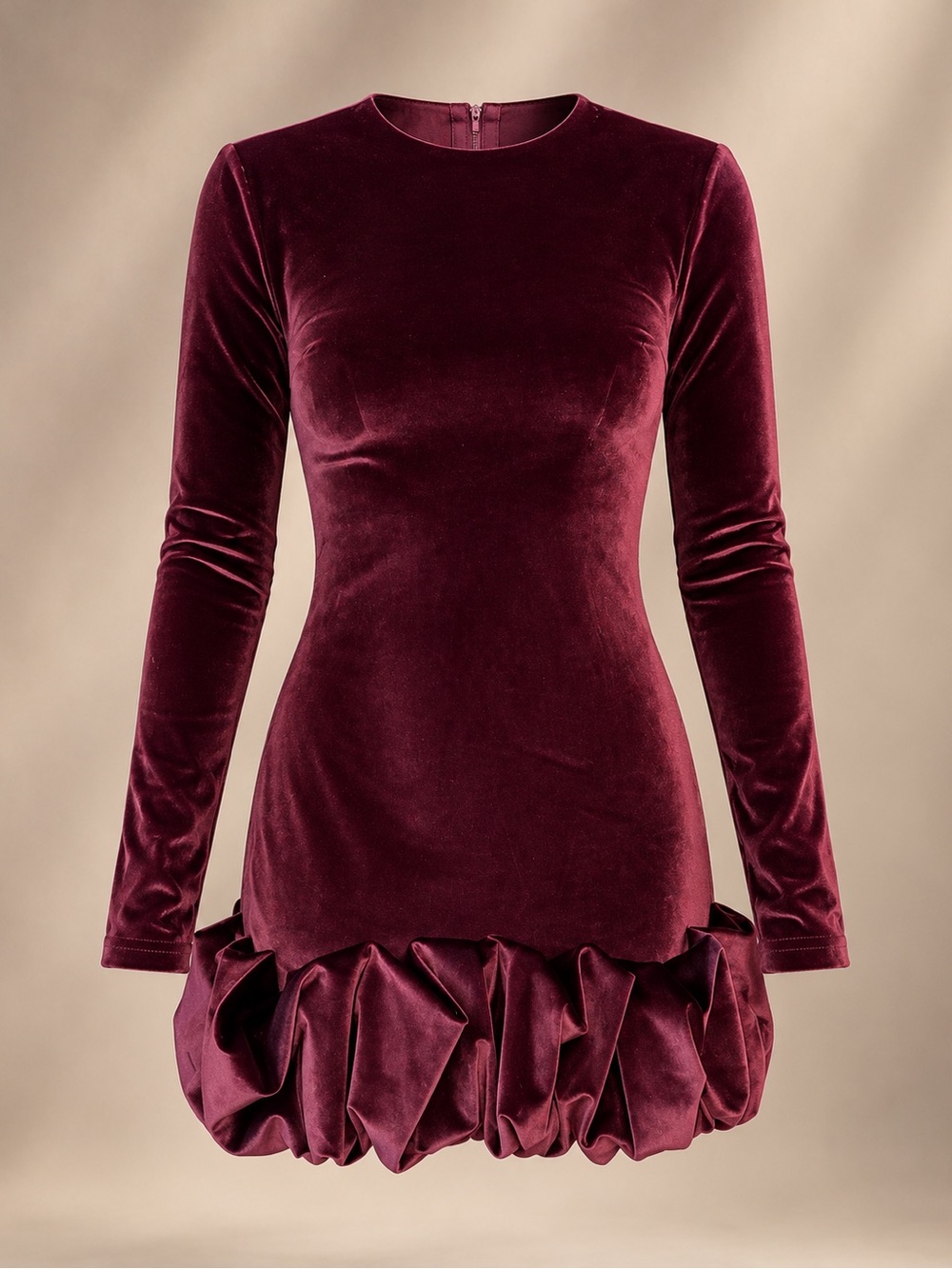 Plum Velvet Long-Sleeve Bubble Hem Mini Dress